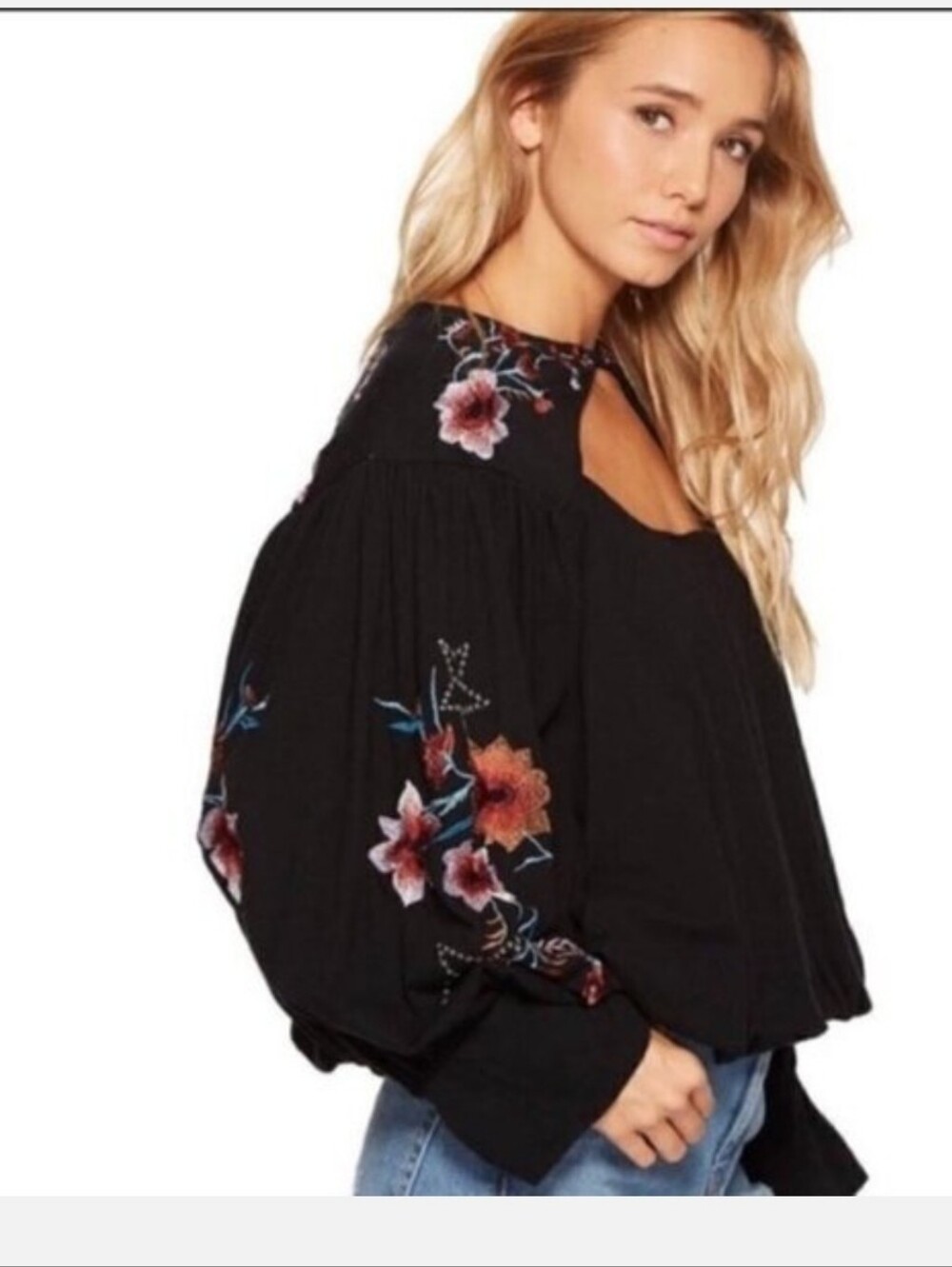 Free People- Lita- Embroidered Black Peasant Top with Balloon Sleeves. Size XS - Picture 1 of 9